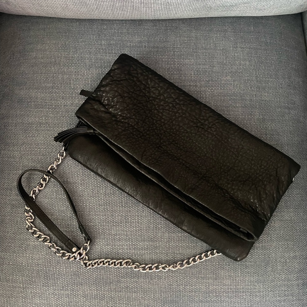 STELLA & DOT lambskin Leather fold over Clutch with silver Chain Strap